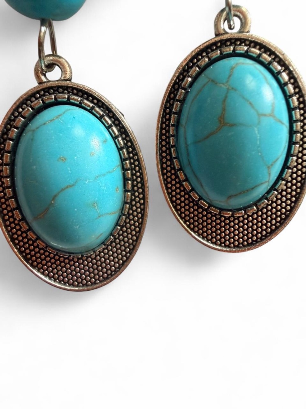 Handmade Southwestern Oval Turquoise Cabochon Dangle Earrings Western Boho - Picture 2 of 4